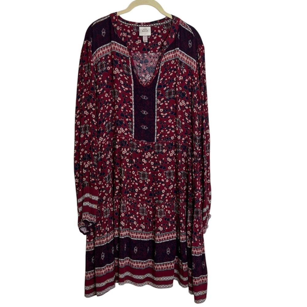 Knox Rose Peasant Dress Large Burgundy Navy Floral Boho Tiered Long Sleeve Rayon